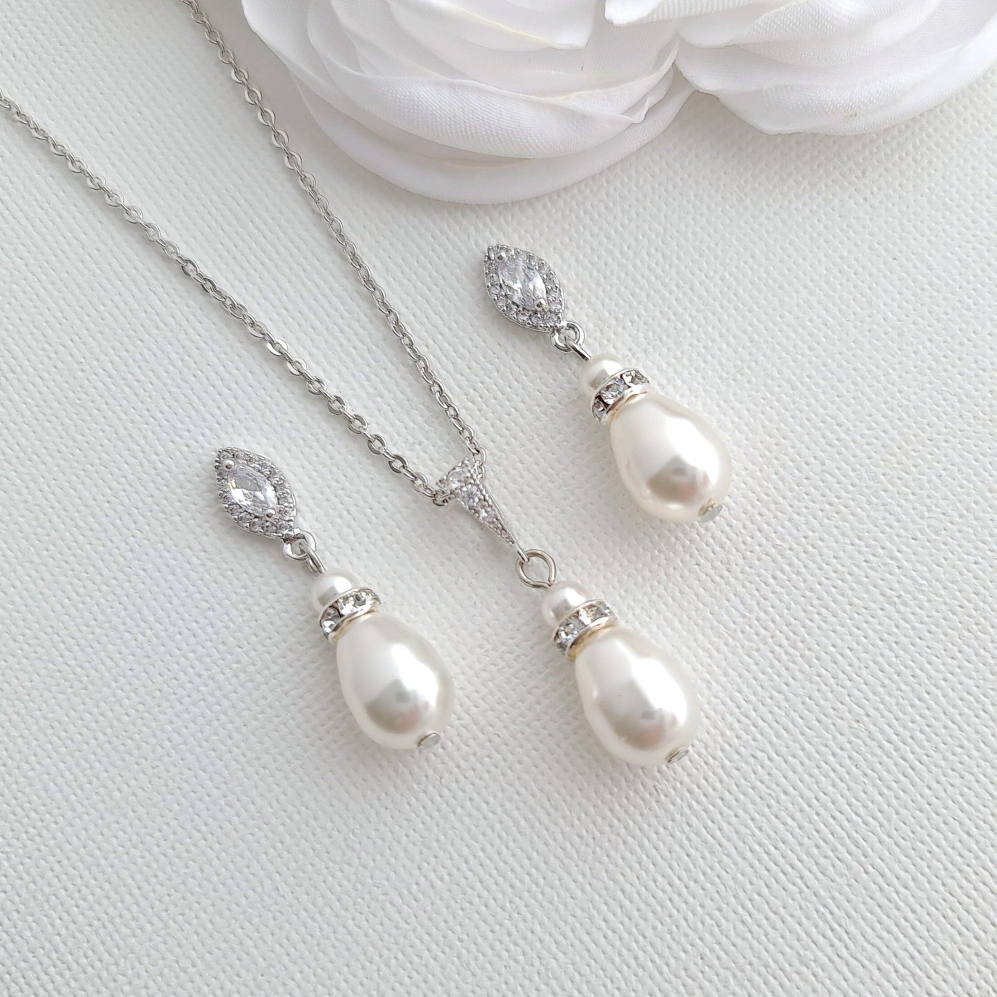 Pearl Jewelry Set with Teardrop Pearl Pendant and Earrings for Brides- Ella - PoetryDesigns