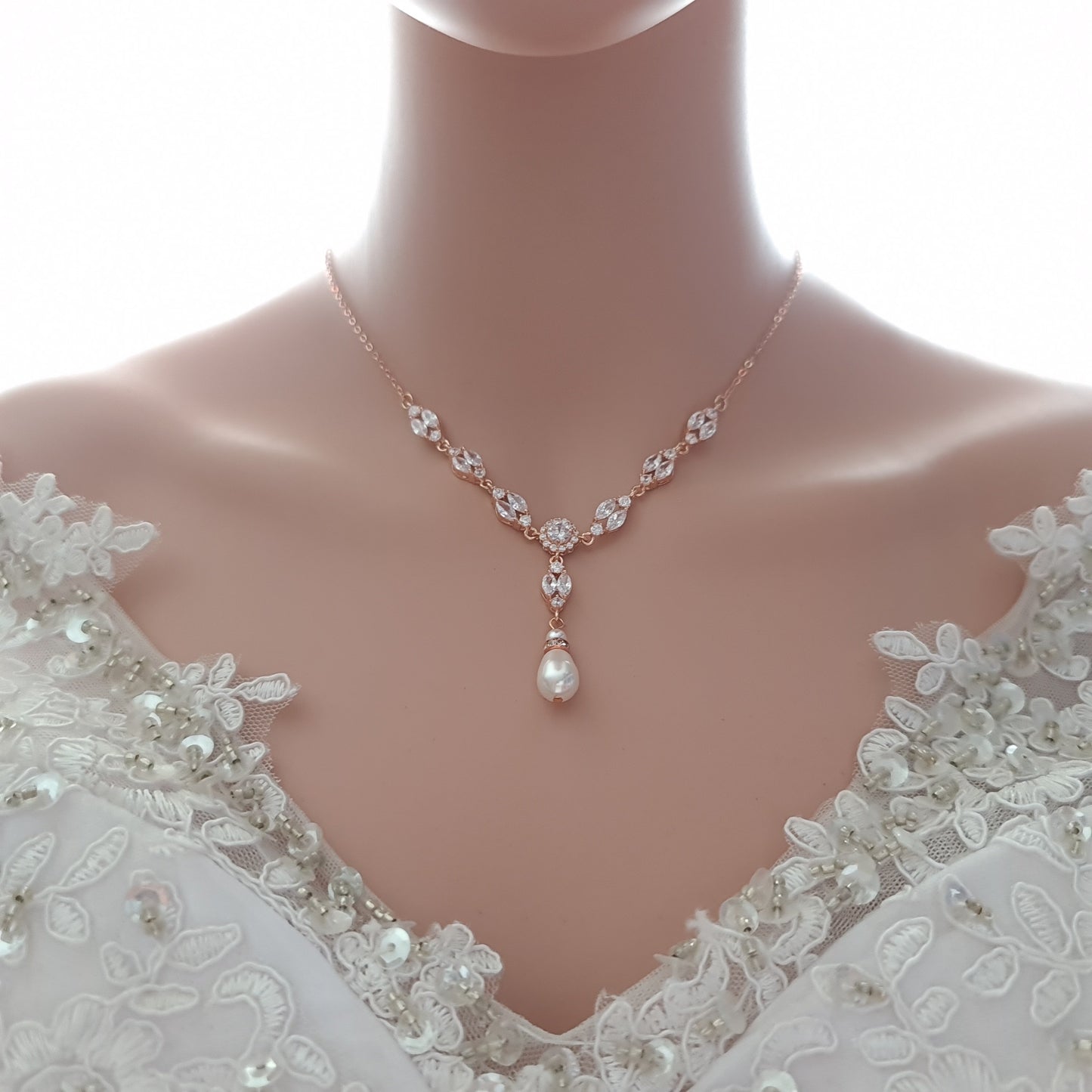 Bridal Back Necklace with Pearl & Crystal Backdrop for Weddings- Hayley - PoetryDesigns