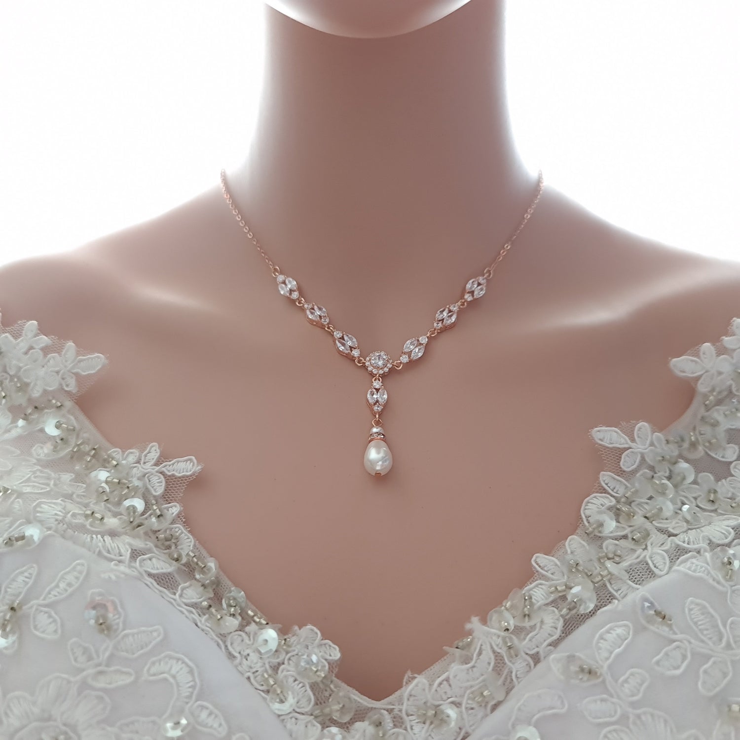 Gold Wedding Necklace With Backdrop in Pearls and Crystals-Hayley - PoetryDesigns