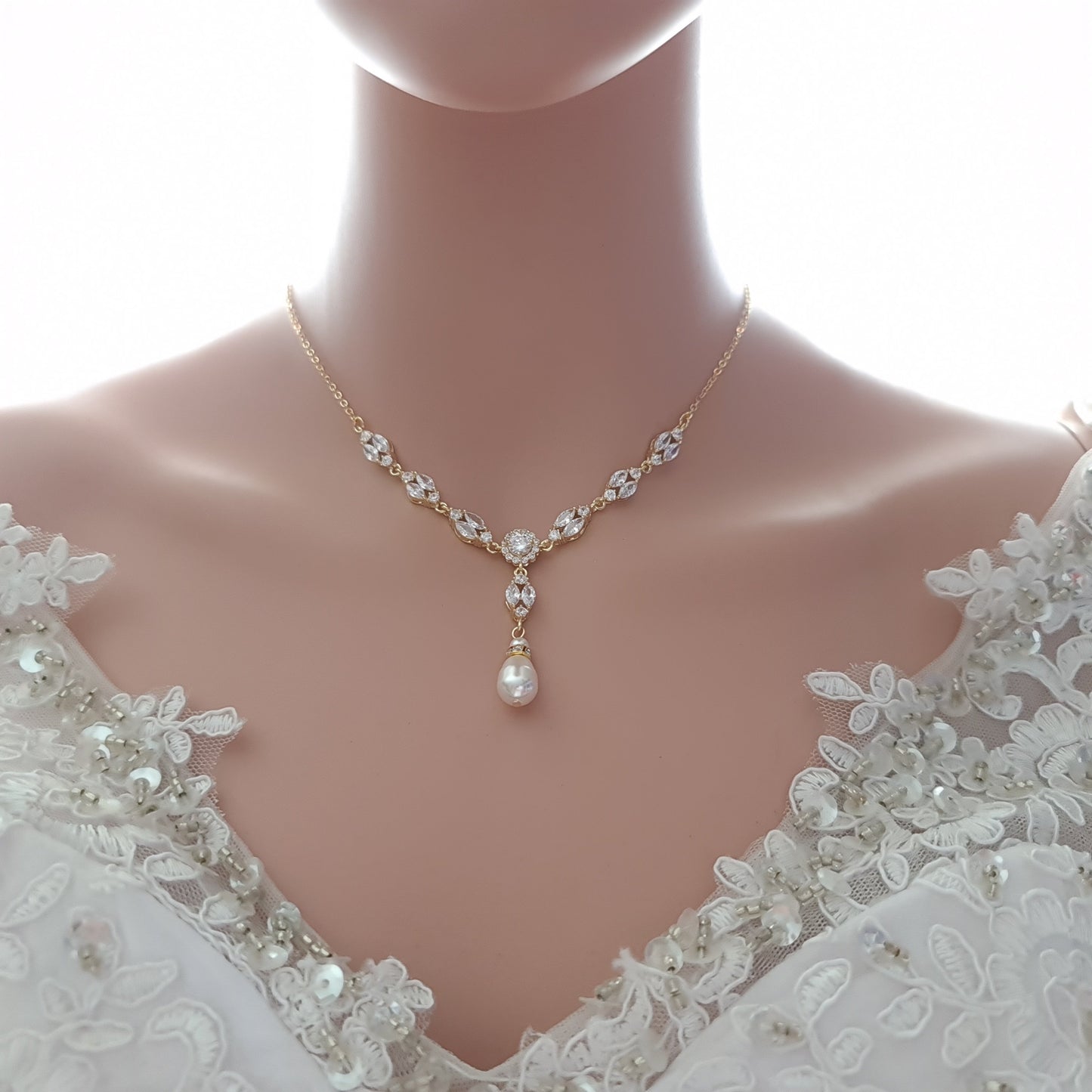 Bridal Back Necklace with Pearl & Crystal Backdrop for Weddings- Hayley - PoetryDesigns