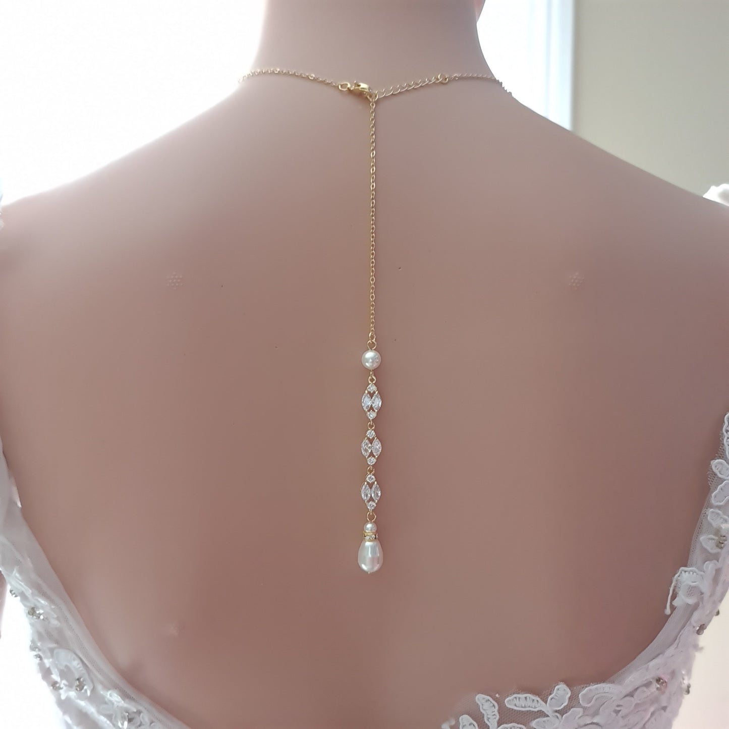 Bridal Back Necklace with Pearl & Crystal Backdrop for Weddings- Hayley - PoetryDesigns