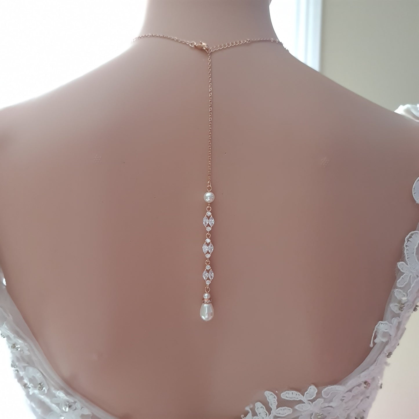 Bridal Back Necklace with Pearl & Crystal Backdrop for Weddings- Hayley - PoetryDesigns