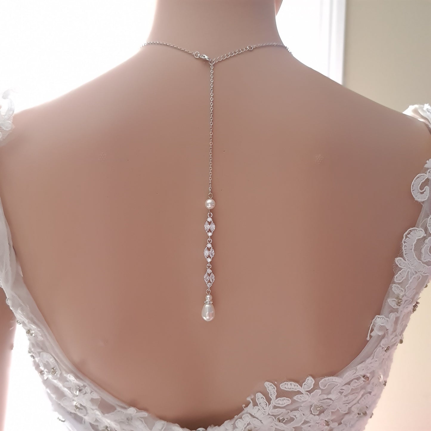 Bridal Back Necklace with Pearl & Crystal Backdrop for Weddings- Hayley - PoetryDesigns