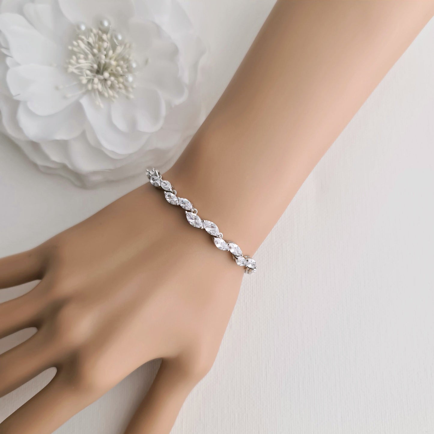 Silver Leaf Bracelet for Brides & Weddings in CZ- Belle - PoetryDesigns