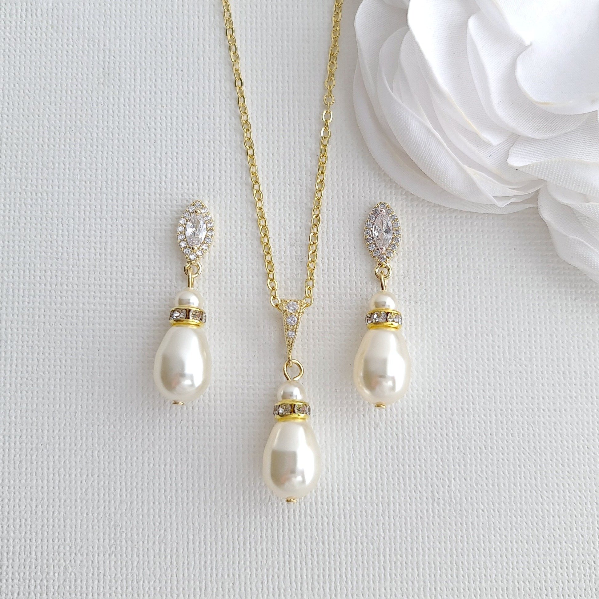 Simple Pearl Wedding Jewelry Set with Pearl Earring,Necklace,Bracelet for Brides-Ella - PoetryDesigns