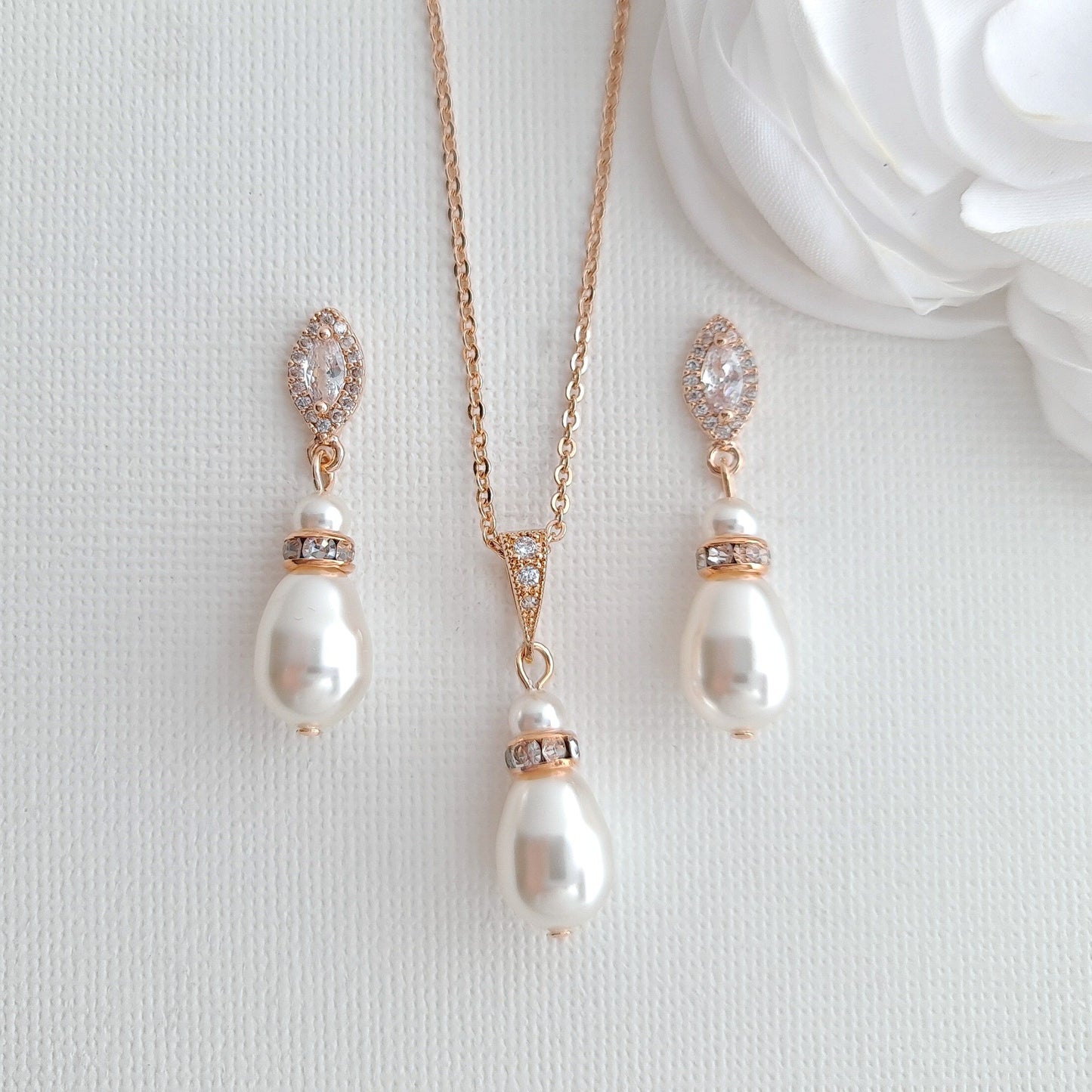 Pearl Jewelry Set with Teardrop Pearl Pendant and Earrings for Brides- Ella - PoetryDesigns