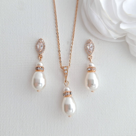 Bridesmaids Jewelry Gift under $50,Pearl Earrings Necklace Set- Ella - PoetryDesigns