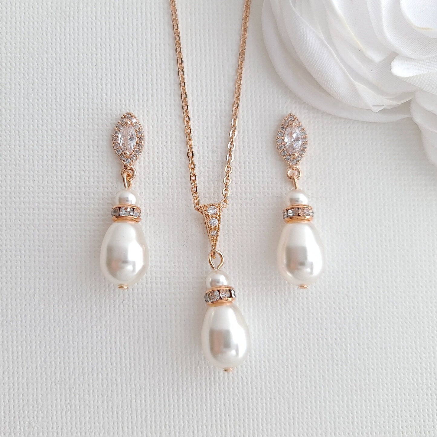 Jewelry Set for Brides With Pearl Bracelet+Pearl Earrings+Pearl Necklace-Ella - PoetryDesigns