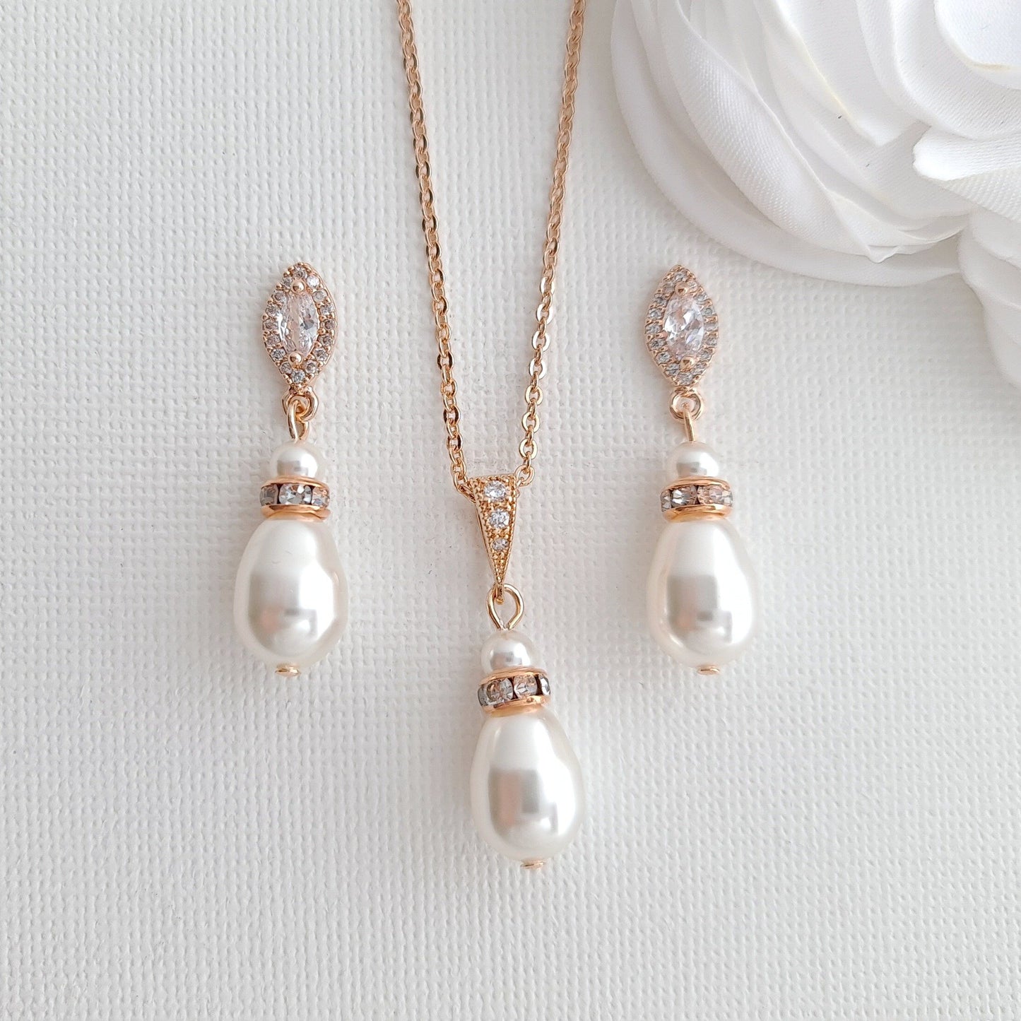 Simple Pearl Wedding Jewelry Set with Pearl Earring,Necklace,Bracelet for Brides-Ella - PoetryDesigns