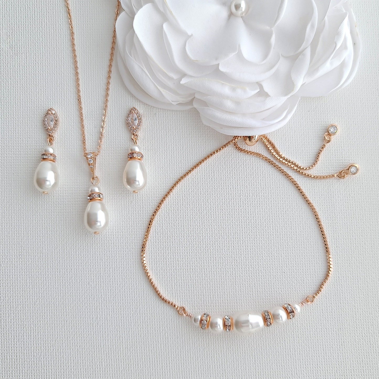 Pearl Earrings Necklace Bracelet Bridesmaids & Bridal Jewelry Set- Ella - PoetryDesigns