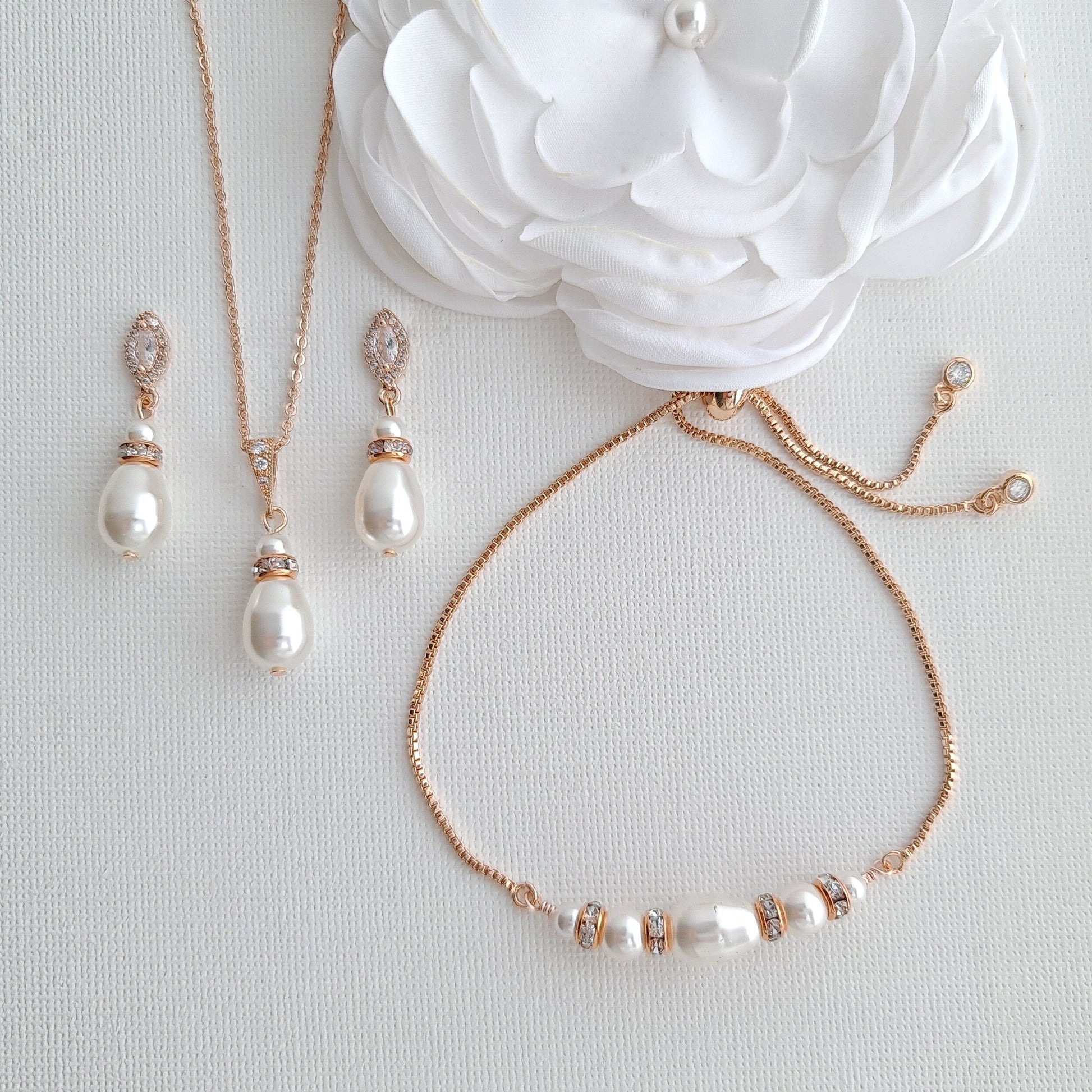 Simple Pearl Wedding Jewelry Set with Pearl Earring,Necklace,Bracelet for Brides-Ella - PoetryDesigns