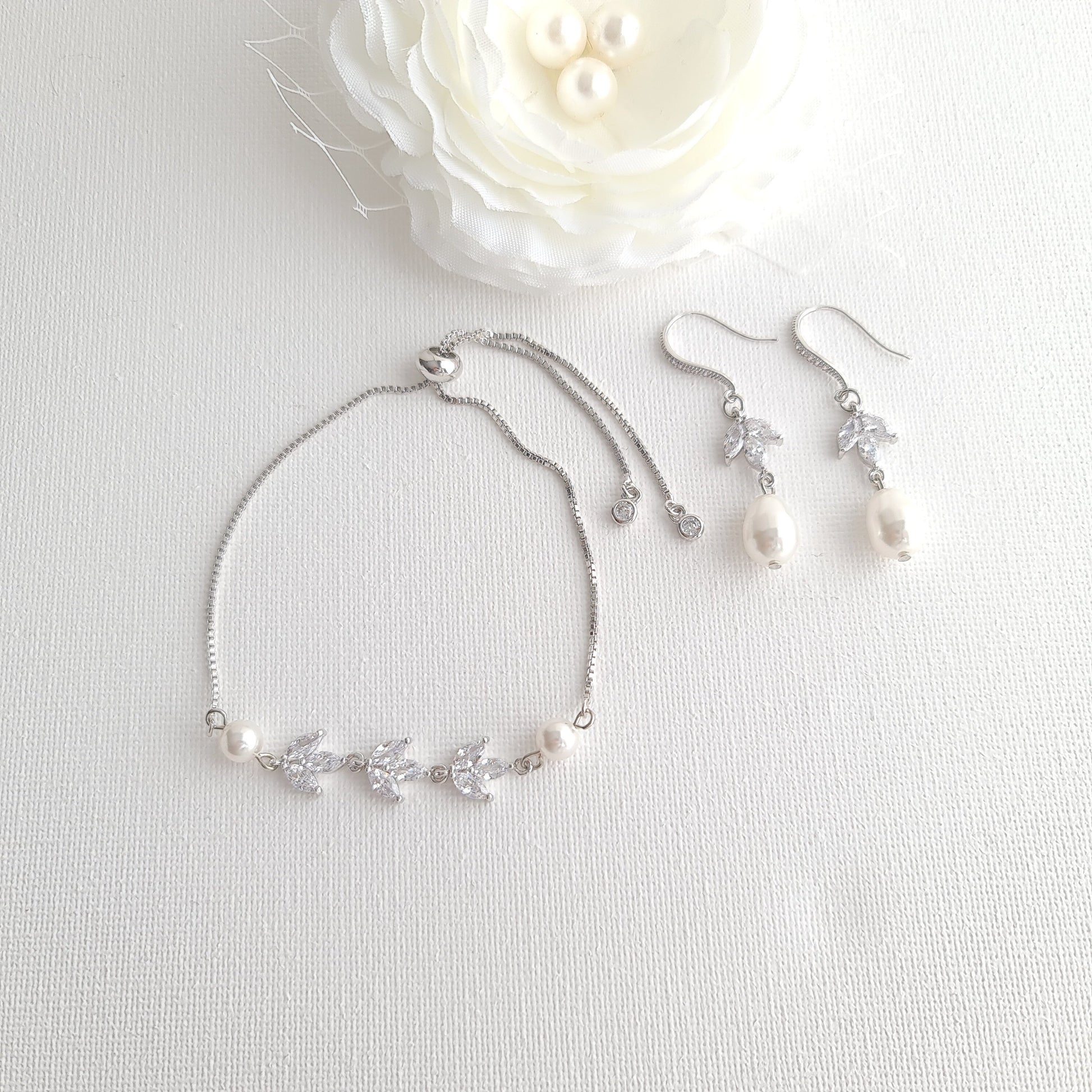 Simple Bridal Jewelry Set-3 Pcs- Silver & Pearl- Leila - PoetryDesigns