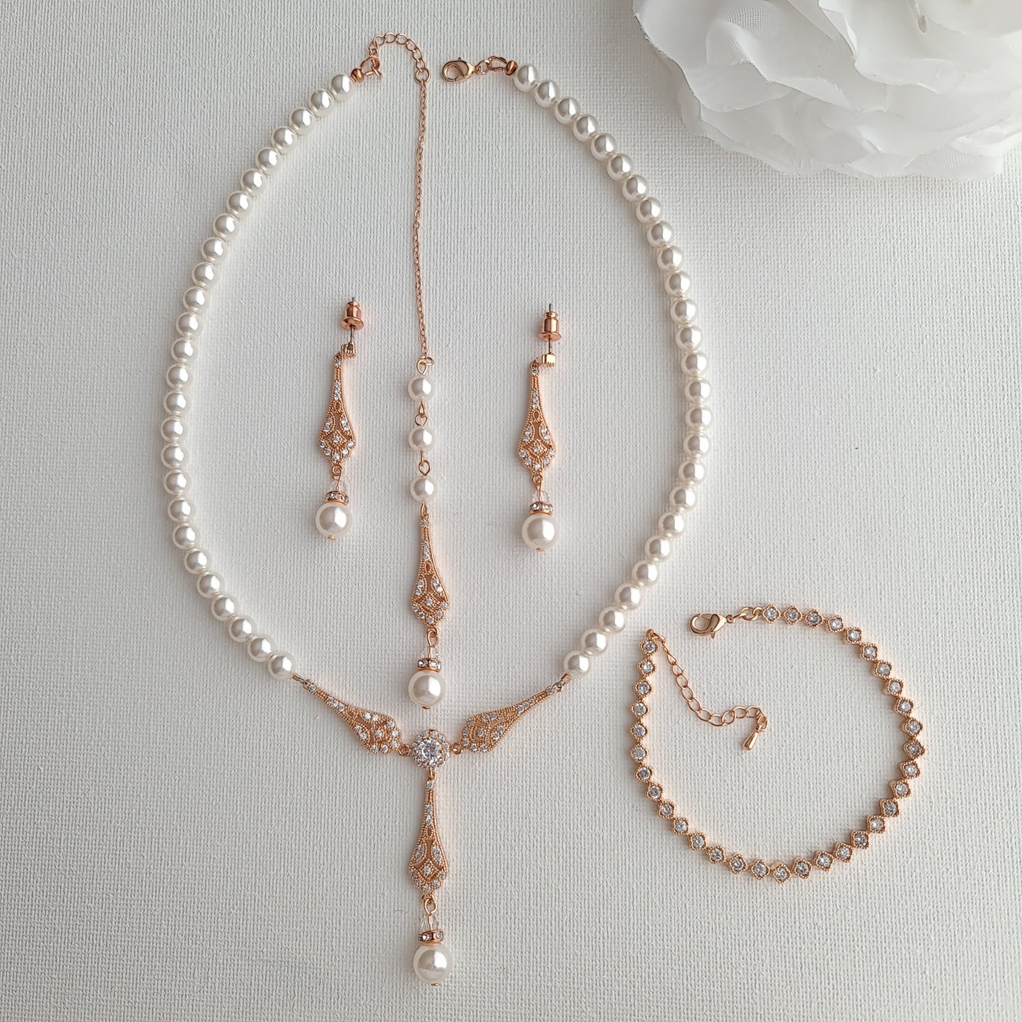 Conjunto de joyas de boda de oro rosa y perlas-Lisa