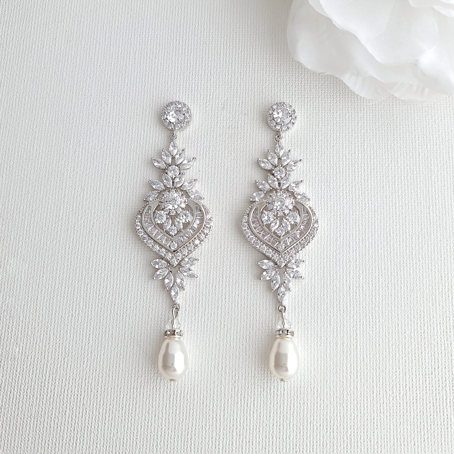 CZ & Silver Long Wedding Earrings- Poetry Designs