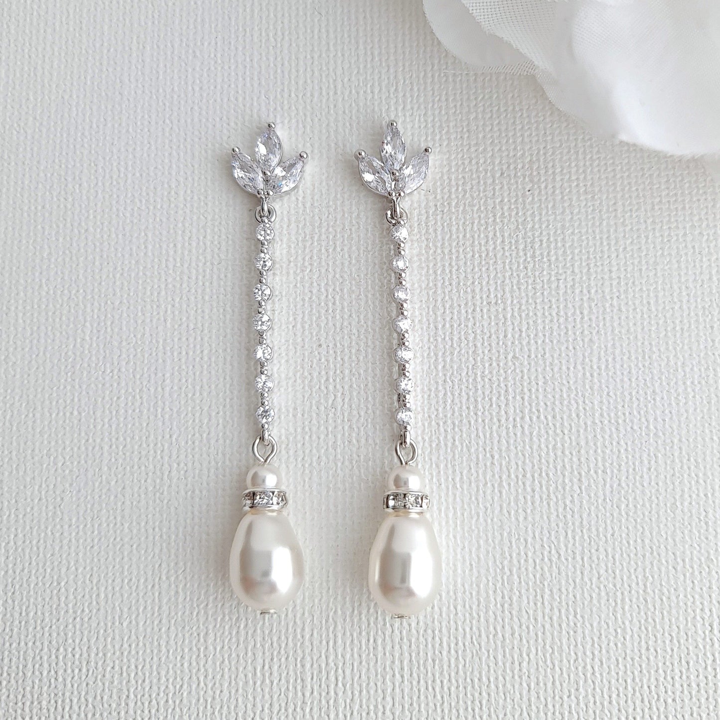 Skinny Long Pearl Drop Earrings in Rose Gold-Jodi