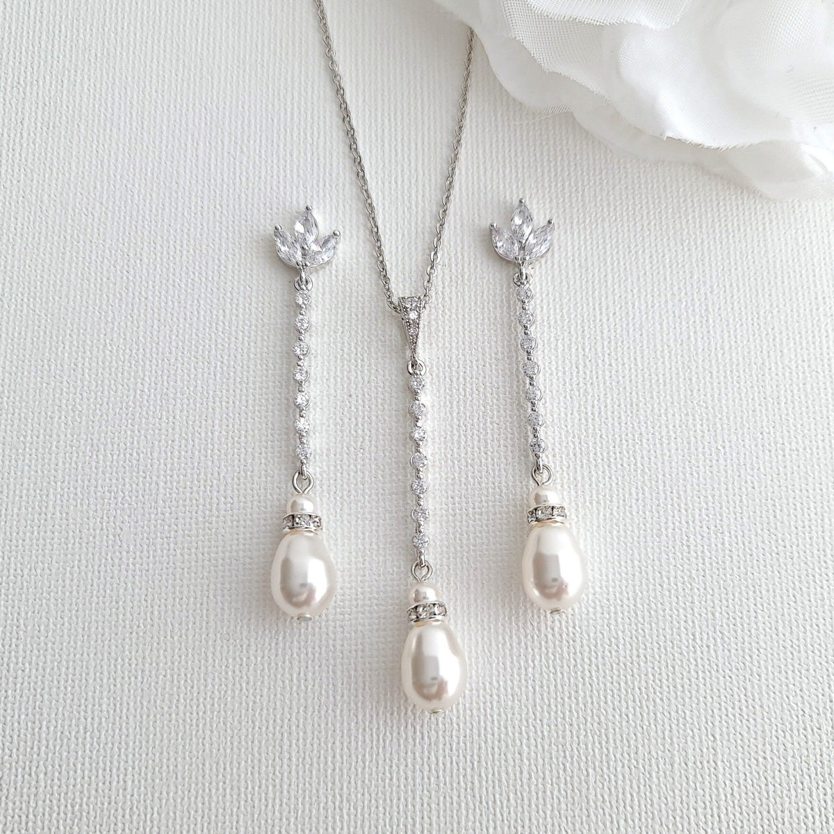 Long Pearl Drop Earrings and Necklace Set| Adorn A Bride Jewelry Wholesaler