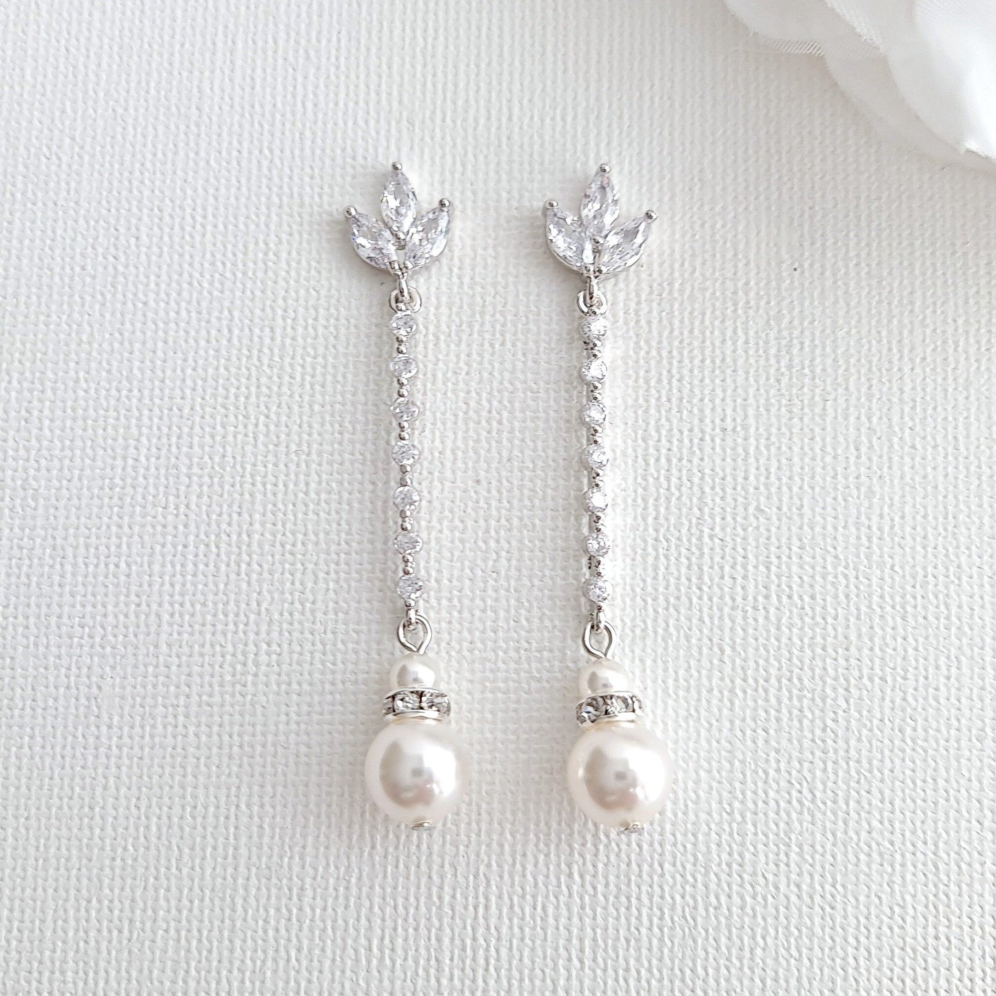 Skinny Long Pearl Drop Earrings in Rose Gold-Jodi