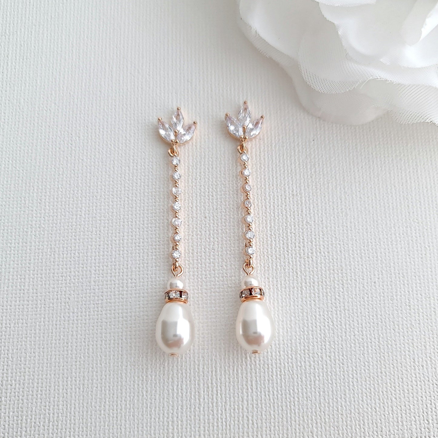 Skinny Long Pearl Drop Earrings in Rose Gold-Jodi