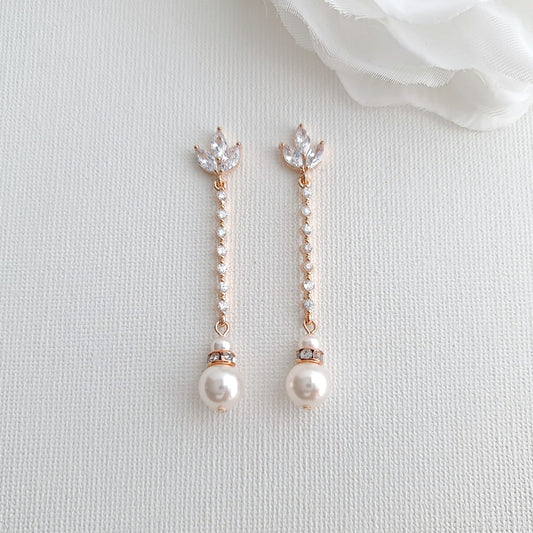 Boucles d'oreilles pendantes fines et longues perles en or rose-Jodi