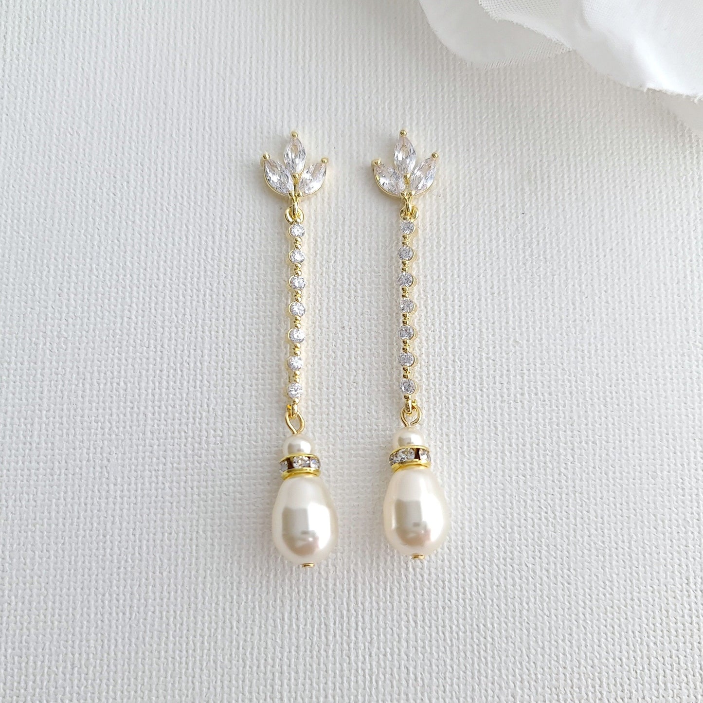 Skinny Long Pearl Drop Earrings in Rose Gold-Jodi