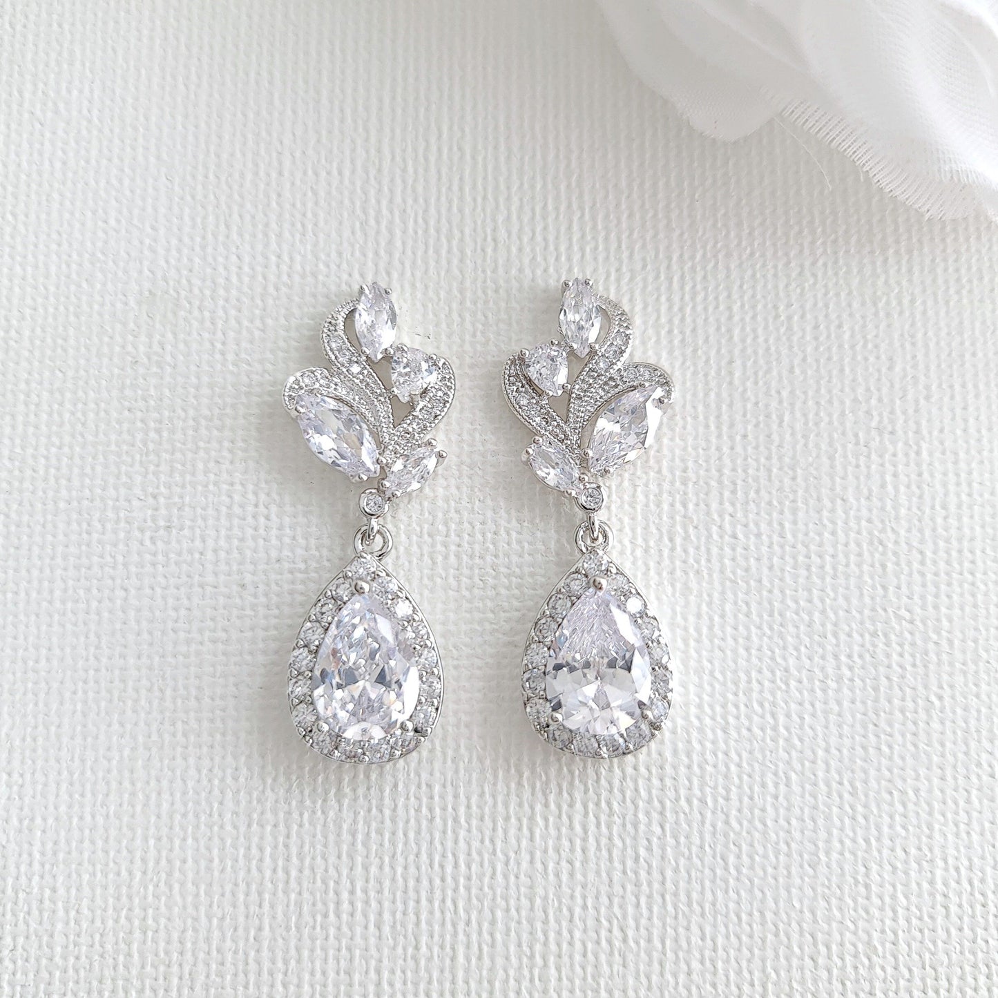 Clear Crystal Drop Earrings for Wedding Silver-Wavy