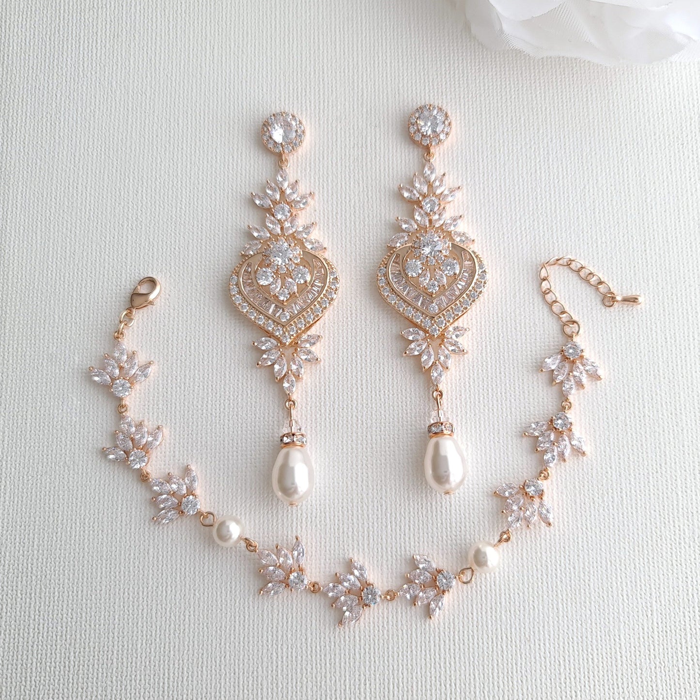 Wedding Earrings and Bracelet Set Rose gold- Poetry Designs