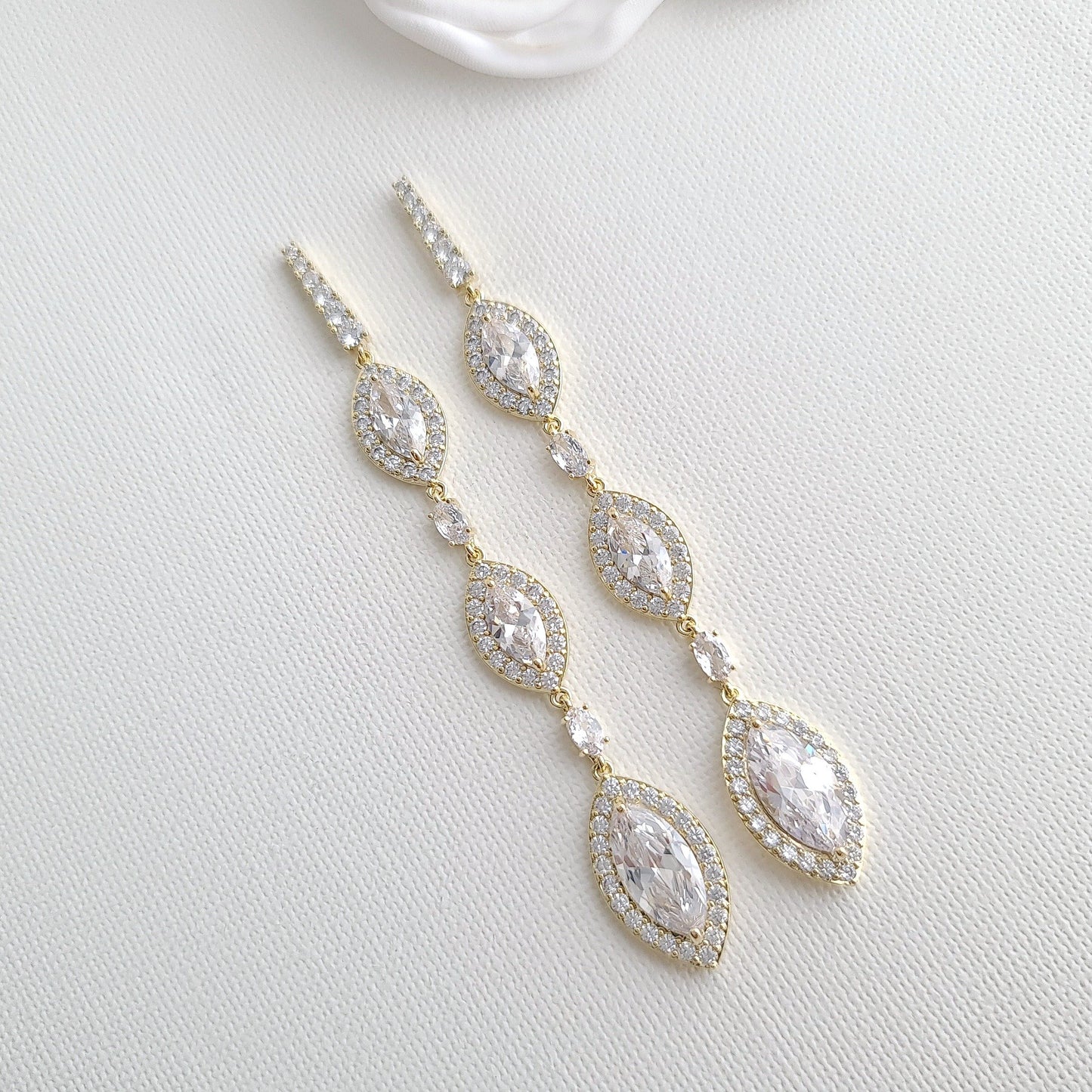 Gold & Cubic Zirconia Extra Long Earrings for Brides, Women for Wedding Prom-Poetry Design