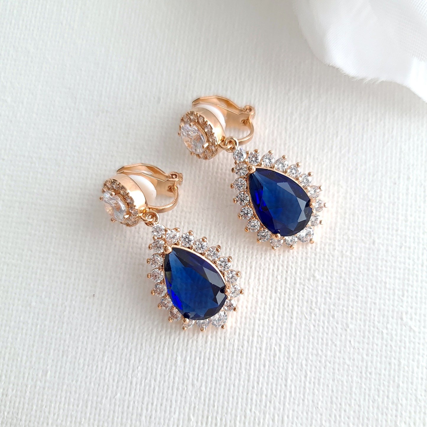 Blue and Gold Teardrop Clip On Earrings for Brides-Aoi