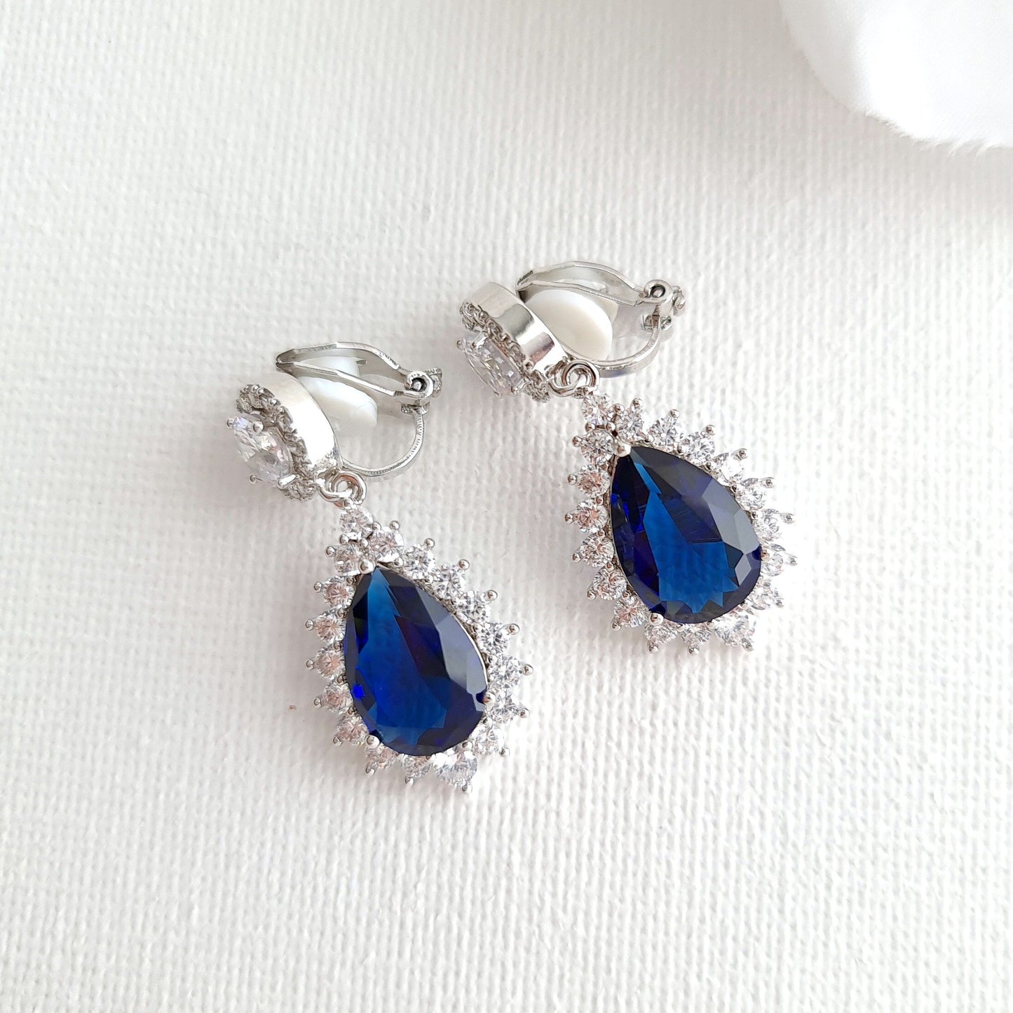 Sapphire Blue Clip On Bridal Earrings-Aoi