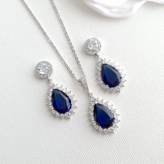 Conjunto de collar de aretes de piedra azul zafiro-Aoi