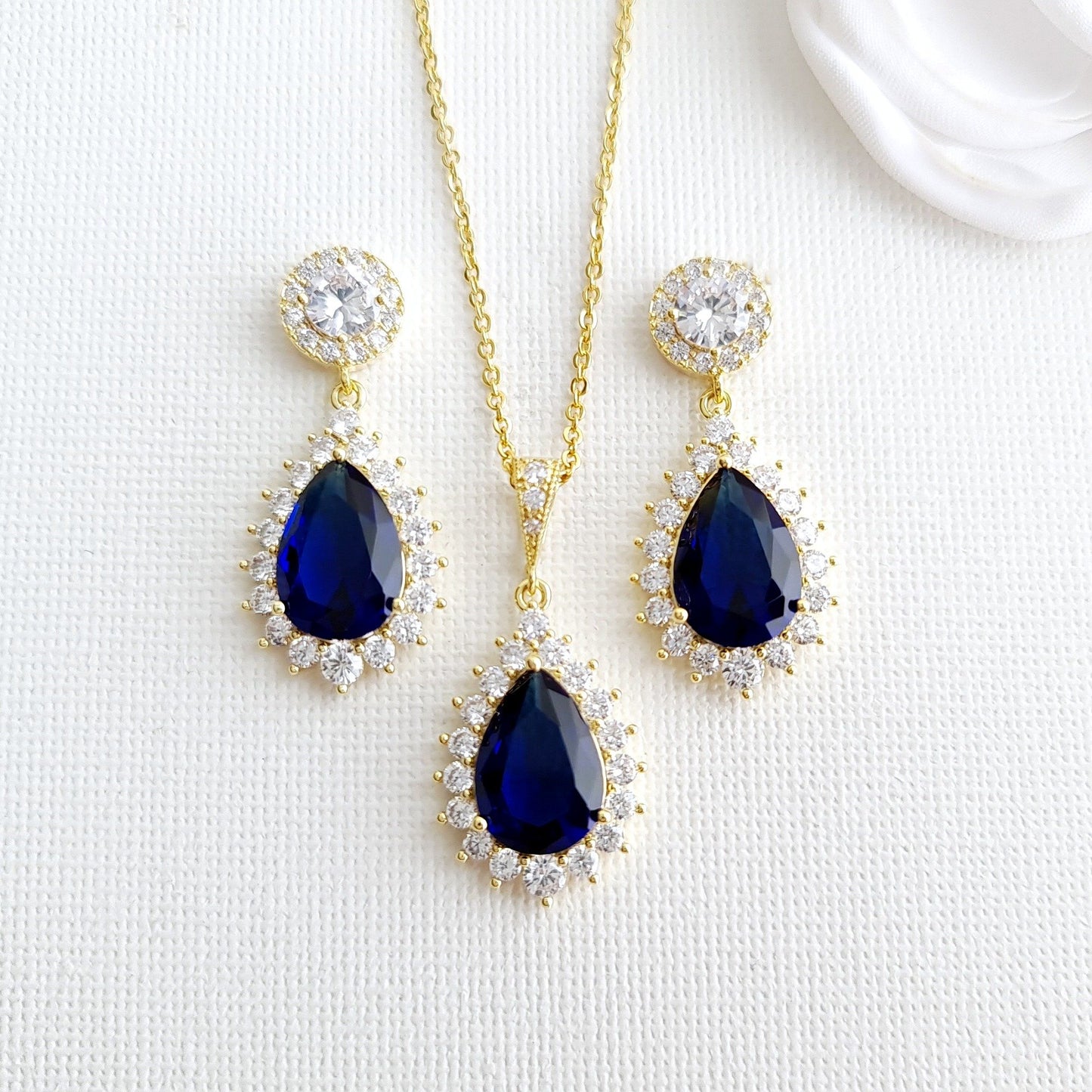 Sapphire Blue Stone Earrings Necklace Set-Aoi