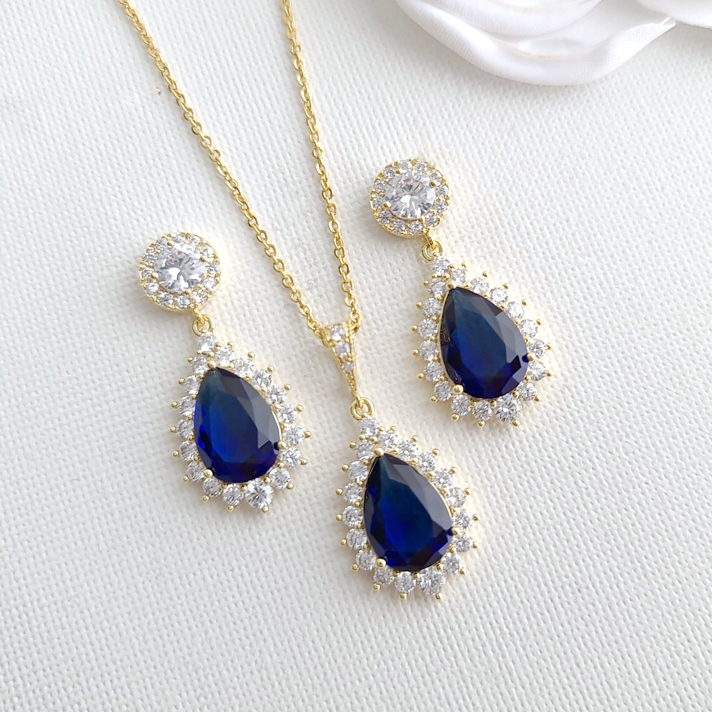 Sapphire Blue Stone Earrings Necklace Set-Aoi