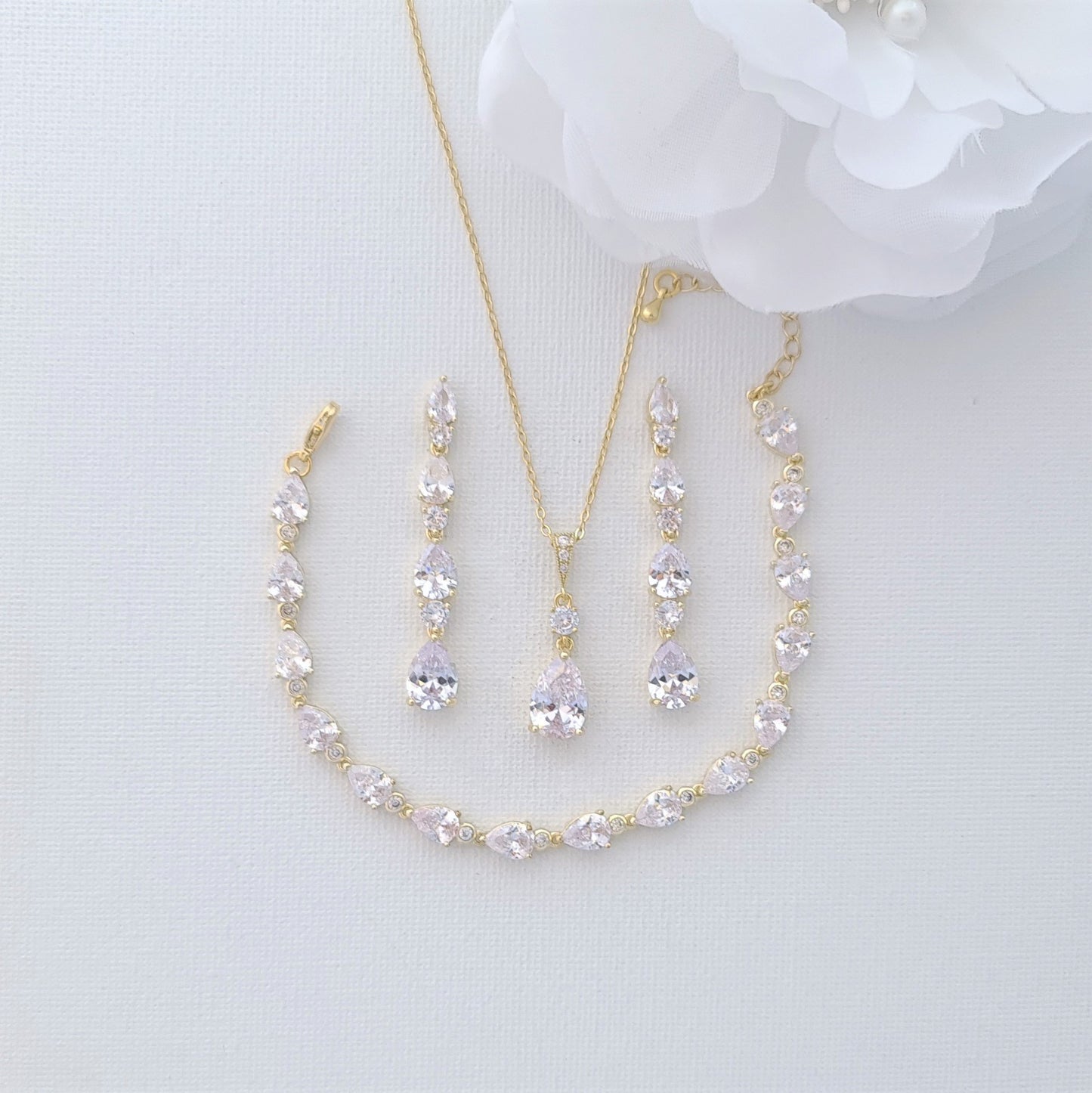 Gold Bracelet Earrings and Necklace Wedding Jewelry Set-Hazel