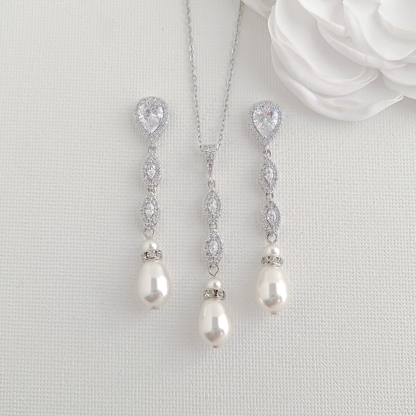 Silver Bridal Jewelry Set with Pearls- Abby