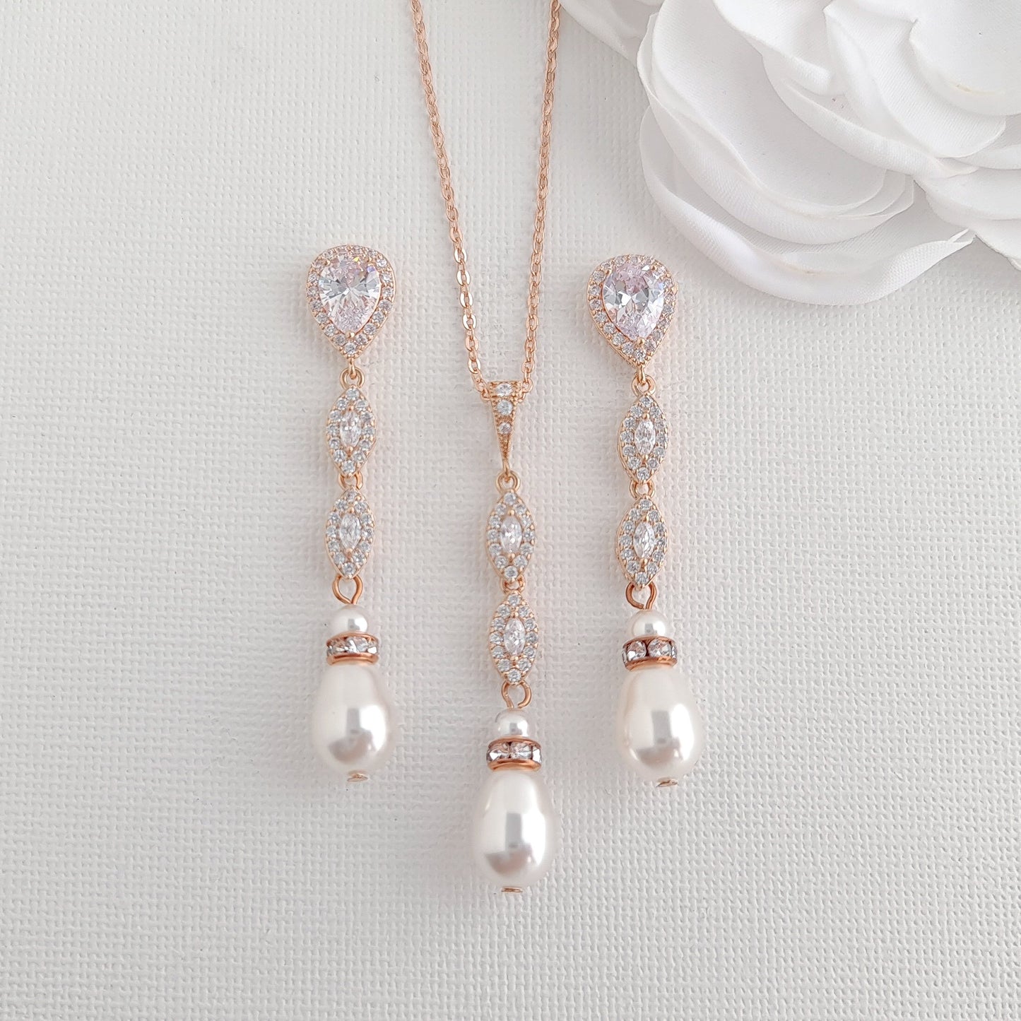 Juego de joyas de boda con perlas en oro rosa-Abby
