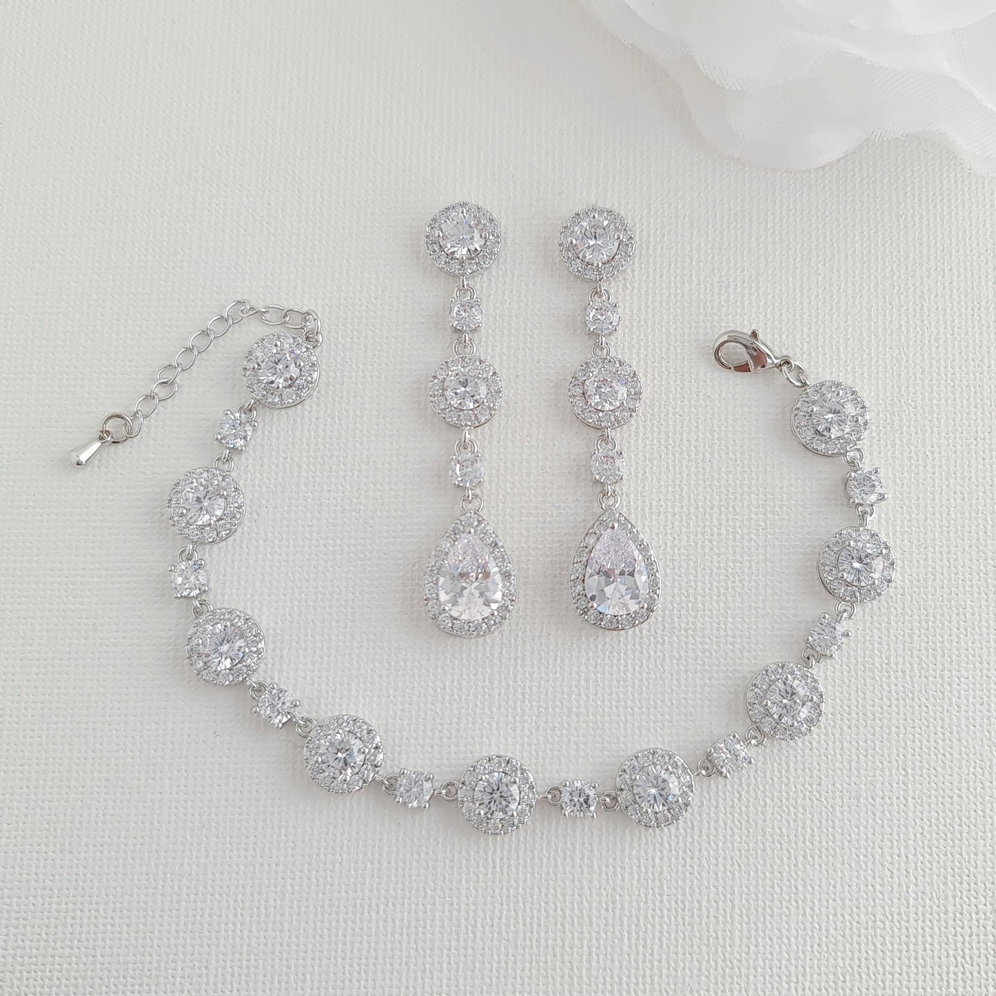 Round Halo CZ Bracelet and Earrings Set for Brides-Reagan