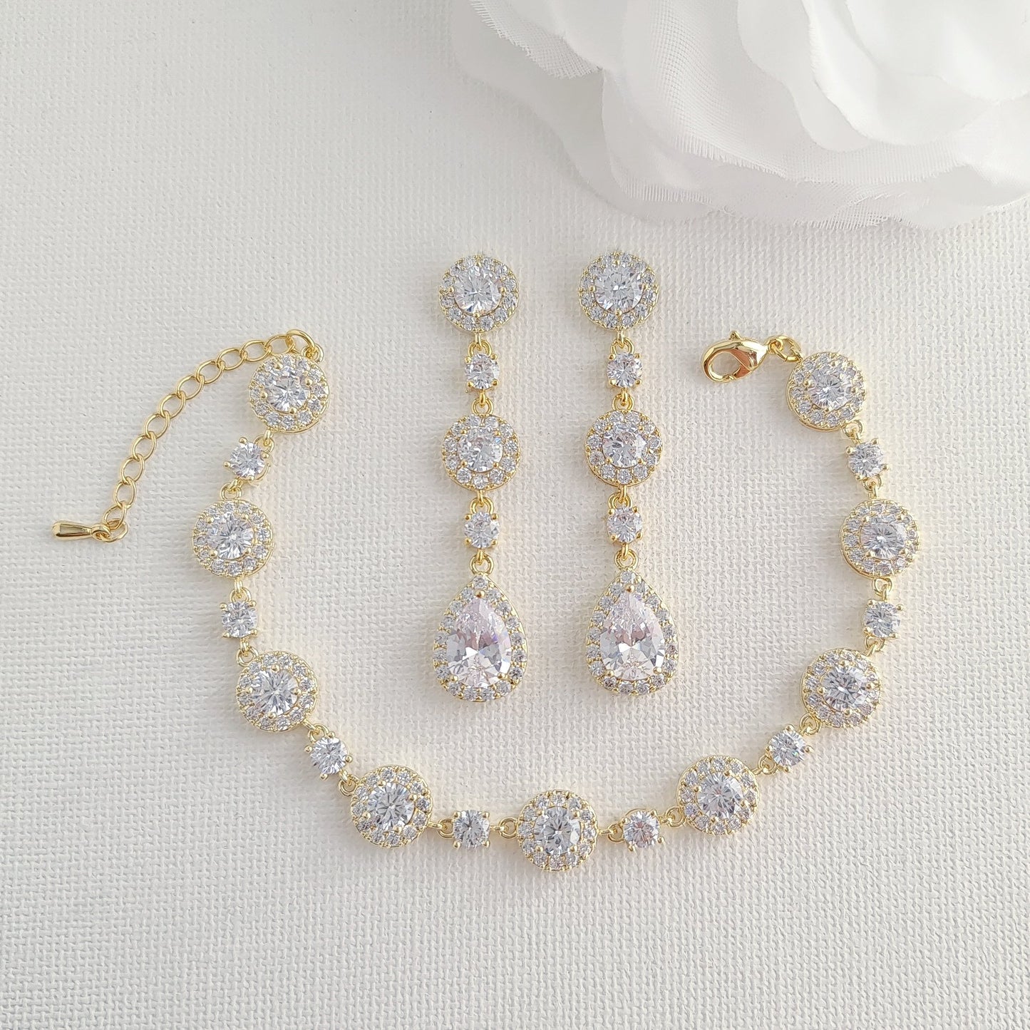 Jewelry Set of Gold Earrings Necklace Bracelet for Your Wedding Day-Reagan