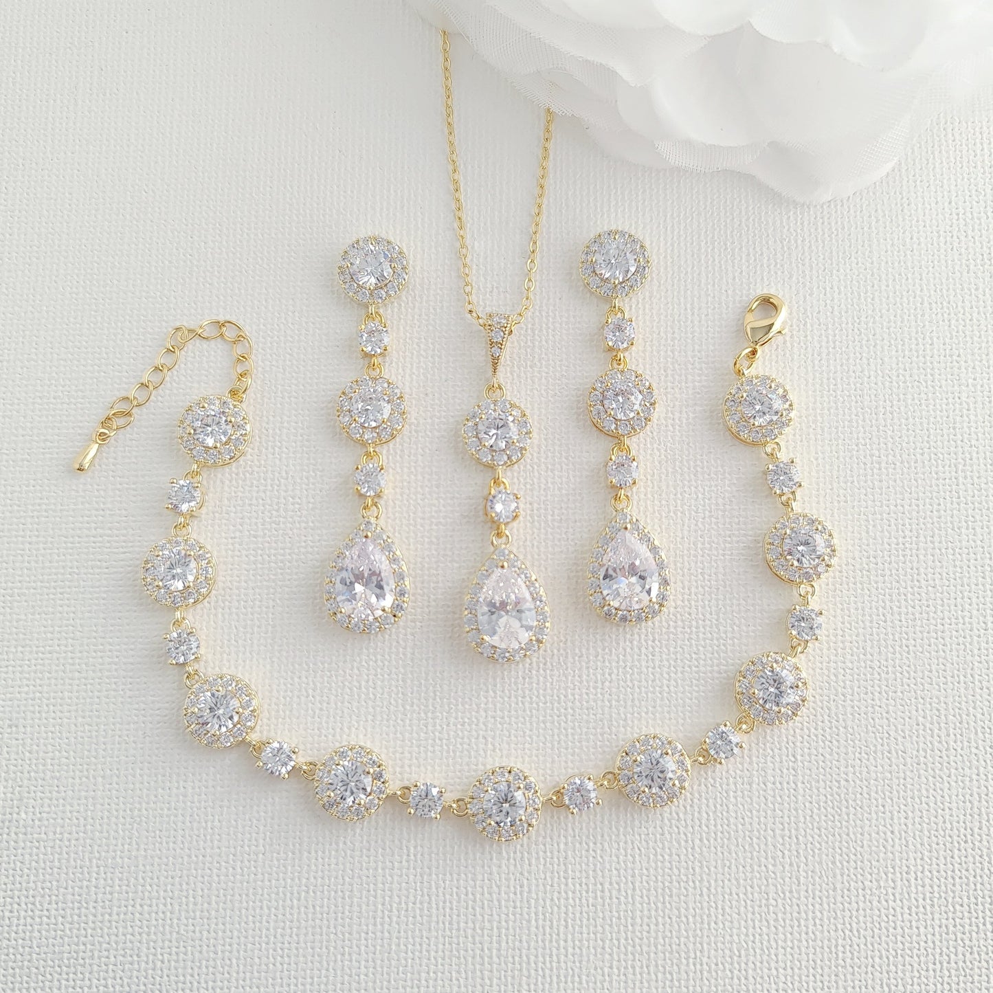 Juego de joyas de oro, aretes, collar, pulsera para el día de tu boda-Reagan