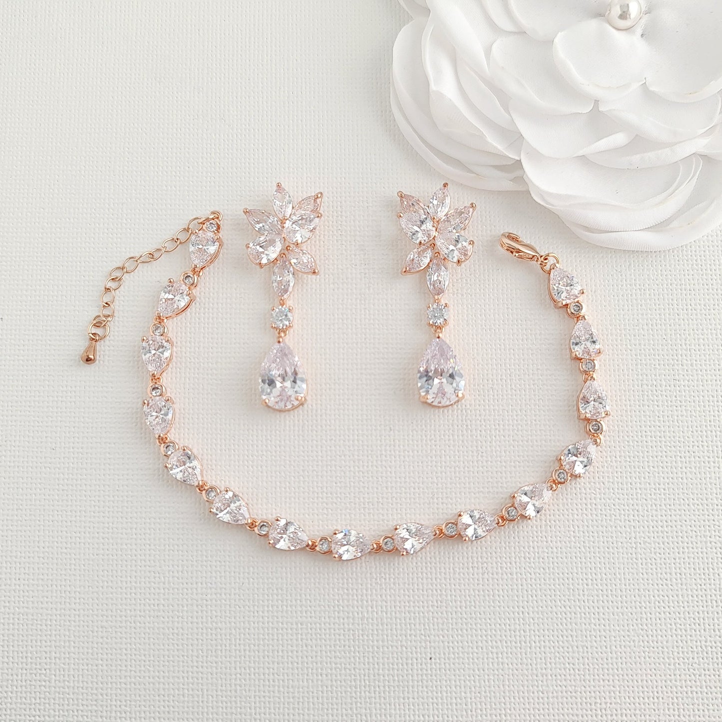 Gold Floral Earrings and Teardrop Bracelet Set for Weddings-Ivy