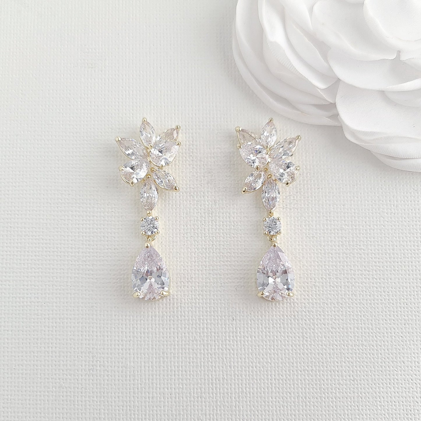 Gold Floral Bridal Earrings with Teardrops-Ivy