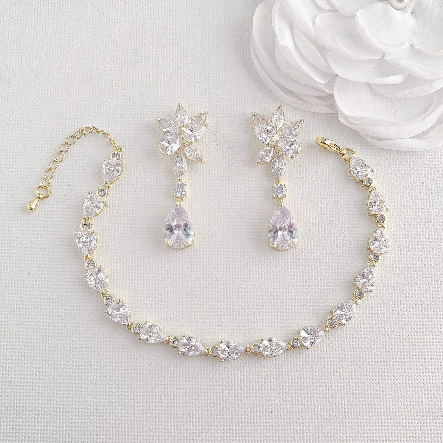 Gold Floral Earrings and Teardrop Bracelet Set for Weddings-Ivy