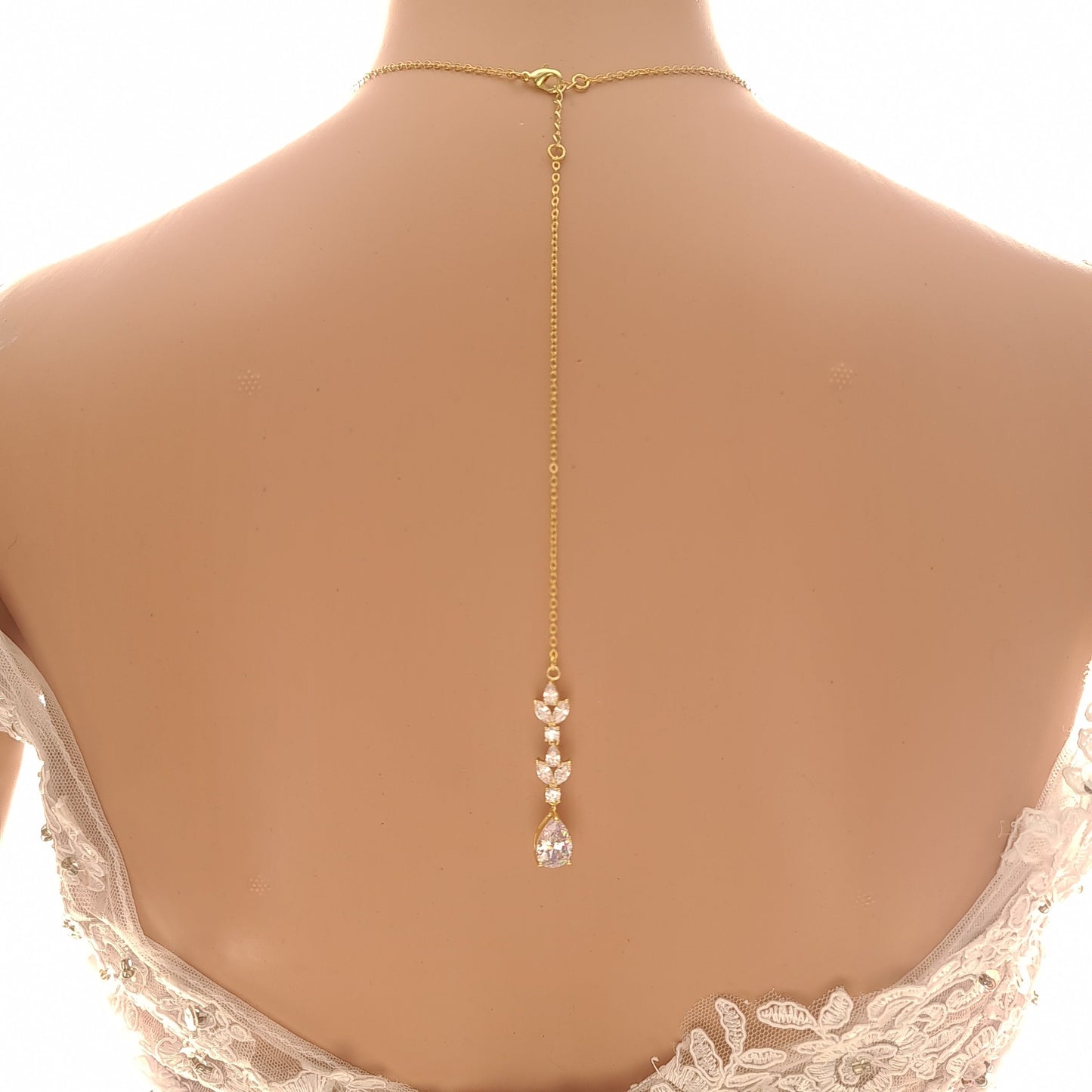 Gold Necklace with Long Pendant and Backdrop for Brides-Anya