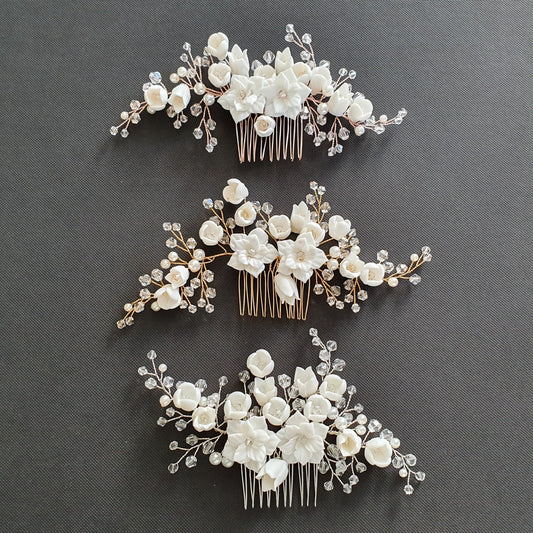 Rose Gold Hair Piece with White Ceramic Flowers-Tulip