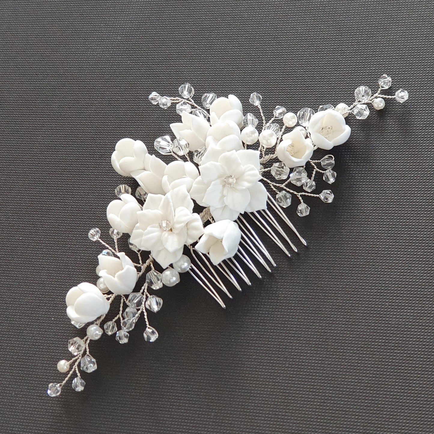 Gold Bridal Hair Comb with White Porcelain Flower & Crystal Beads-Tulip