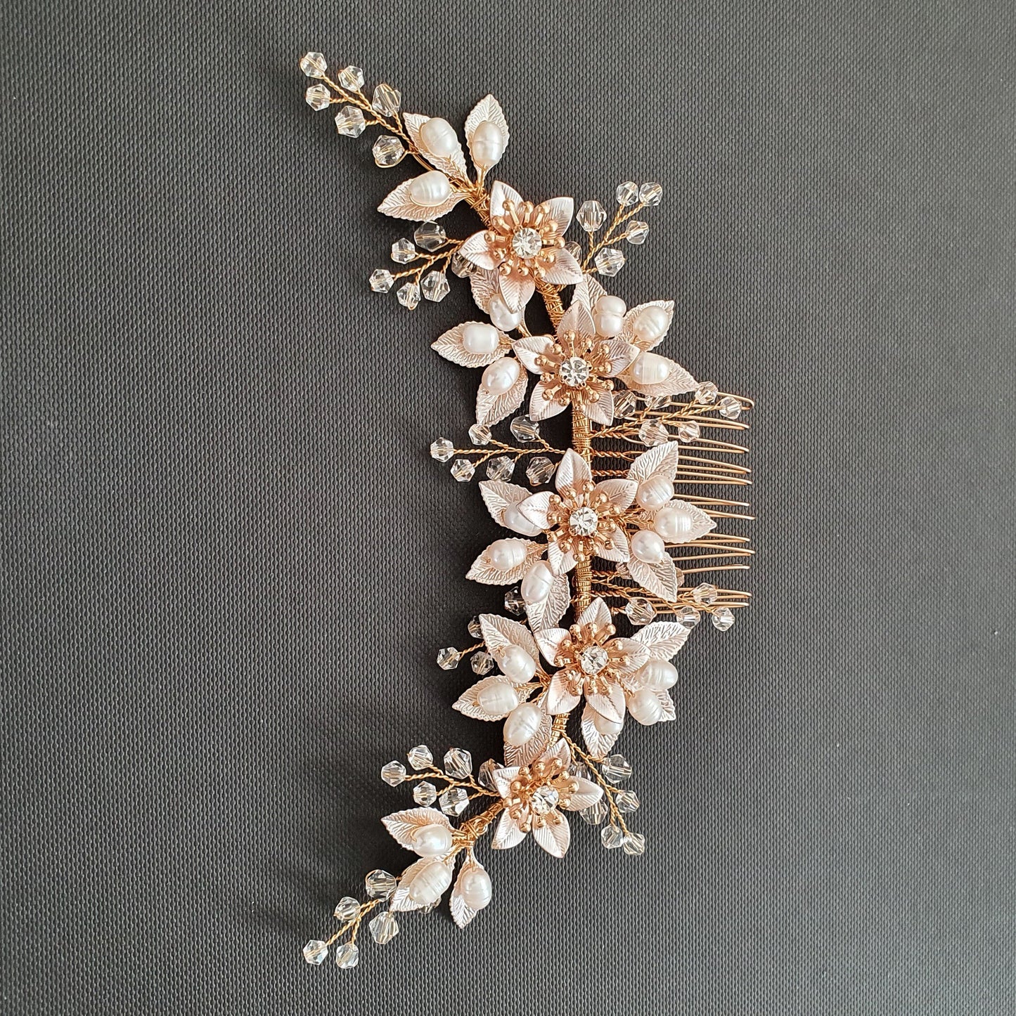 Statement Bridal Hair Comb With Gold leaves and Flowers-Liana