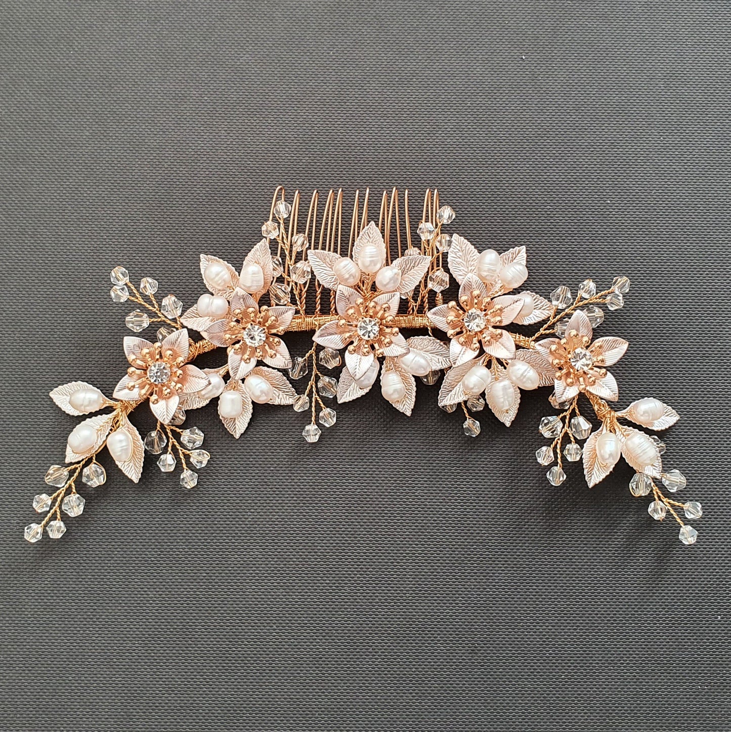 Statement Bridal Hair Comb With Gold leaves and Flowers-Liana