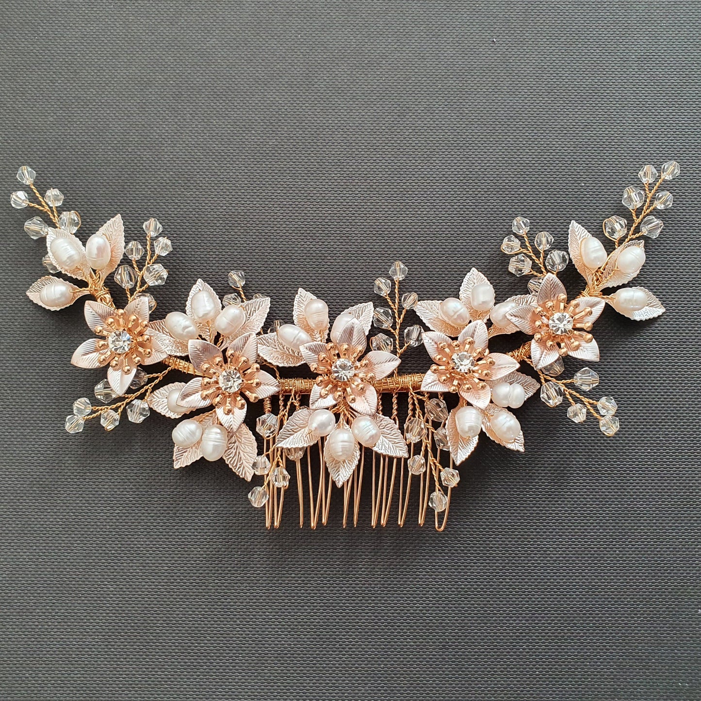 Statement Bridal Hair Comb With Gold leaves and Flowers-Liana