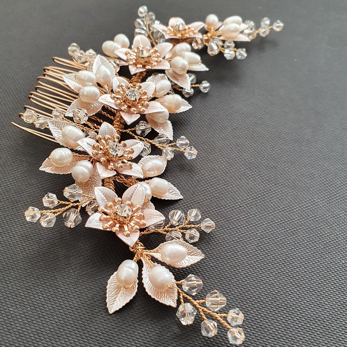 Statement Bridal Hair Comb With Gold leaves and Flowers-Liana