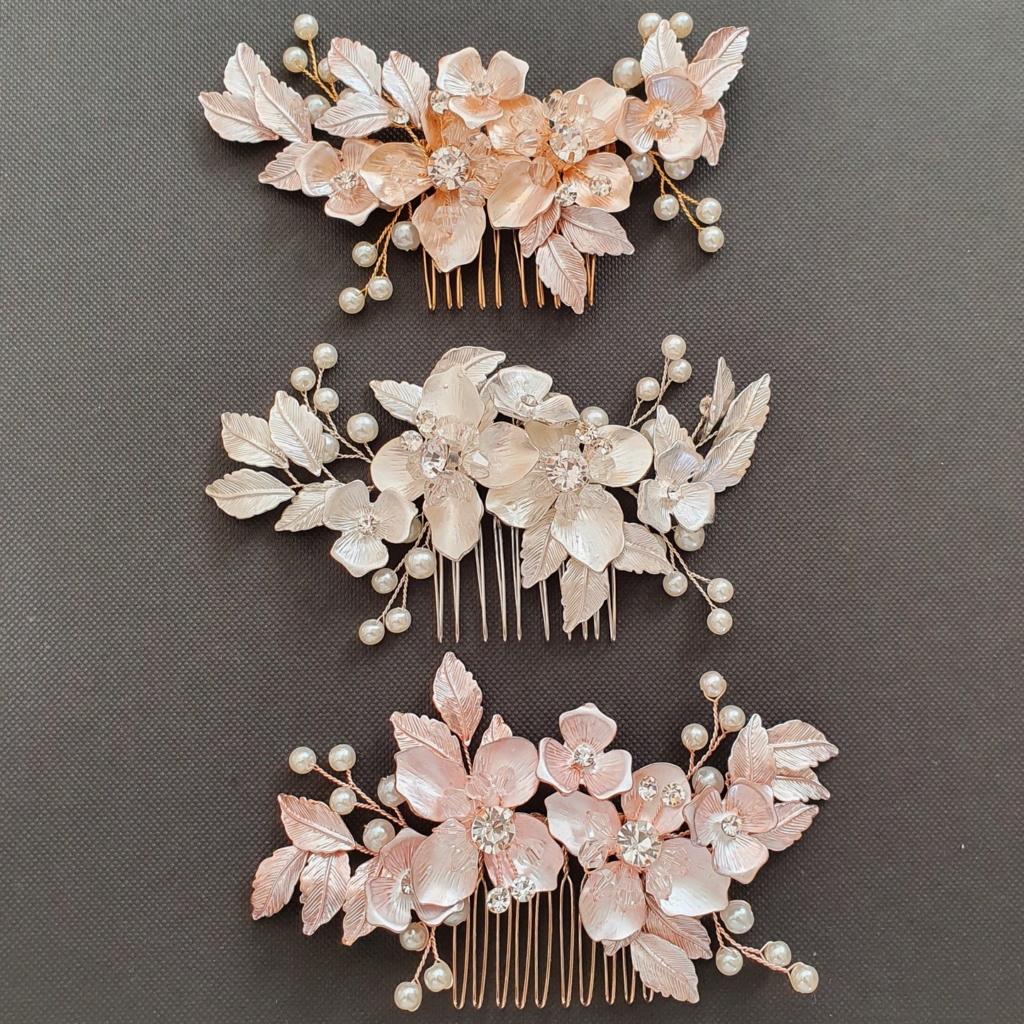 Peigne à cheveux fleur et feuille en or rose pour mariages - Azalée