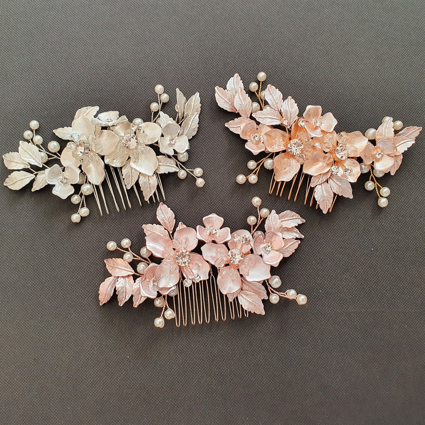 Peigne à cheveux fleur et feuille en or rose pour mariages - Azalée